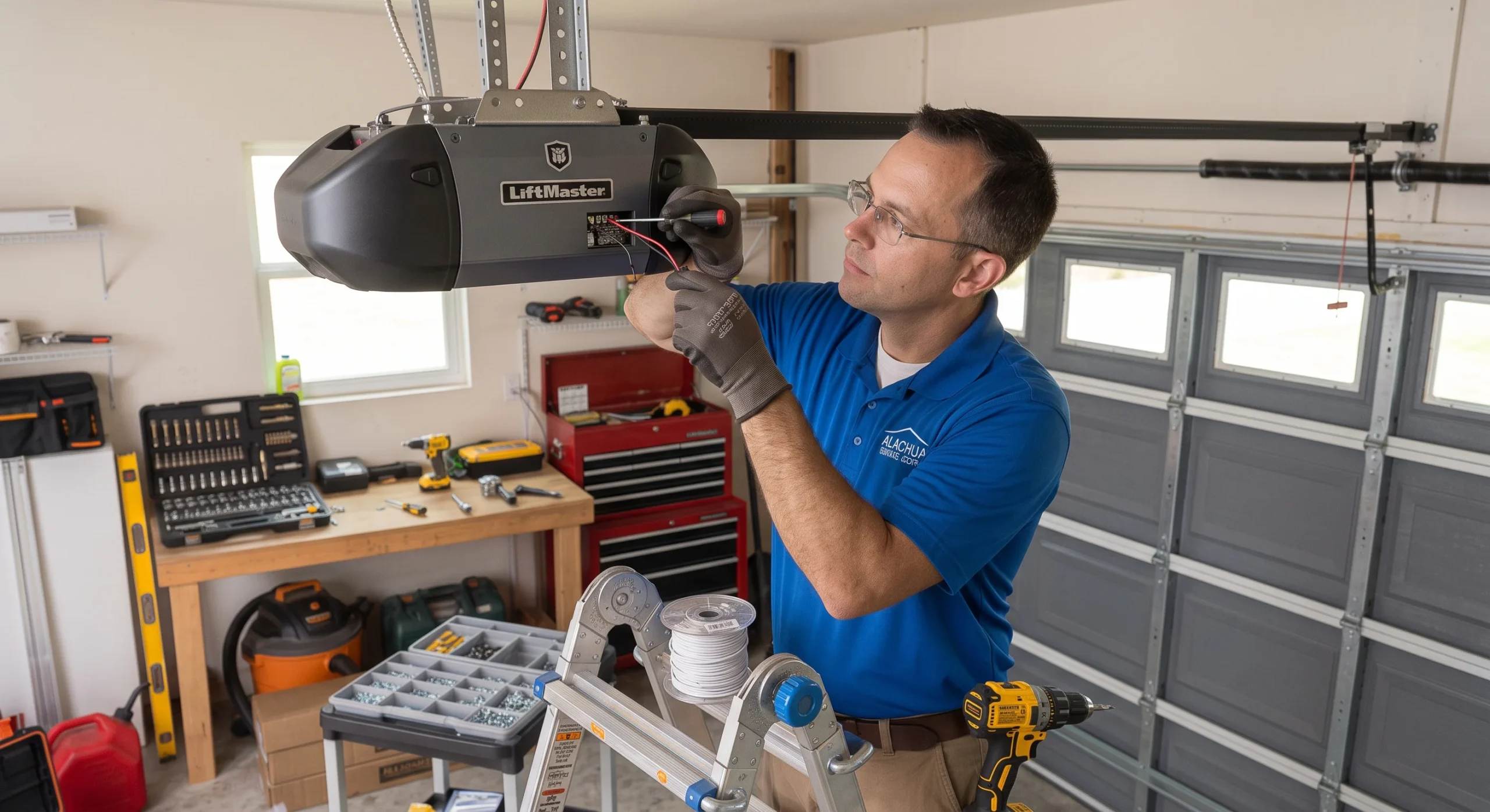 A technician on a ladder wiring and setting up a LiftMaster unit to Program Your LiftMaster Garage Door Opener.