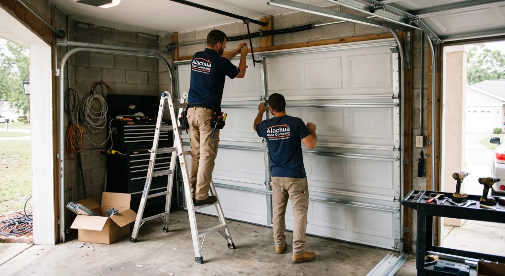 Two technicians assembling sectional panels and overhead track hardware while Budgeting Your Garage Door Installation.