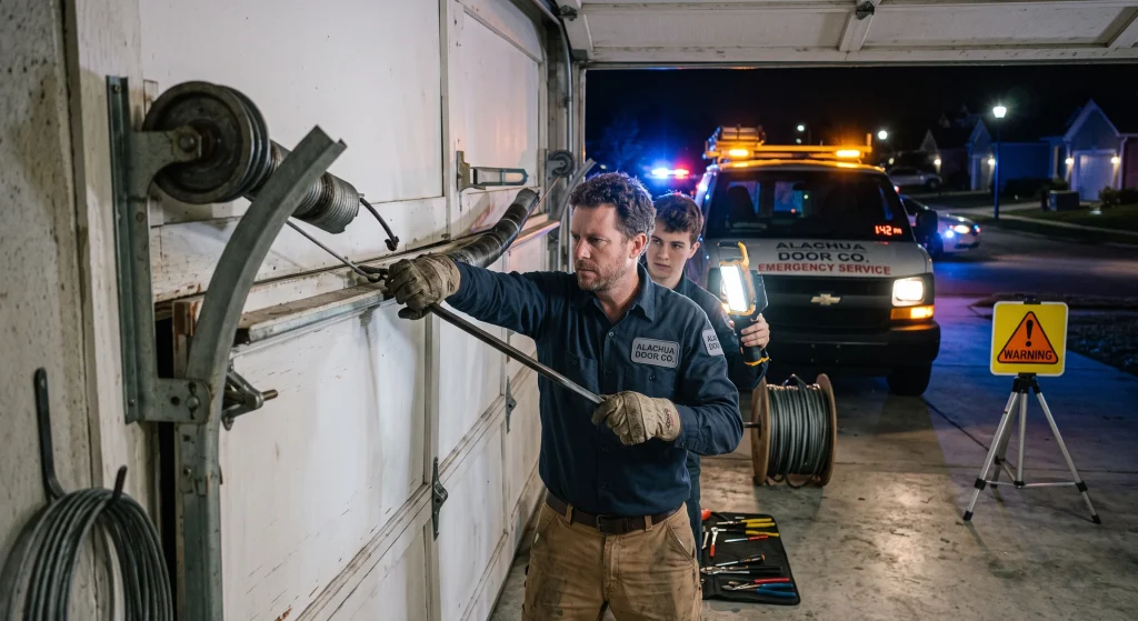 A technician using a winding bar to service heavy-duty Garage Door Torsion Springs during an emergency nighttime call.