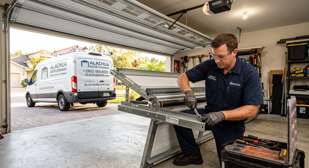 A technician using a wrench to assemble track and hinge hardware for a 16x8 Garage Door.