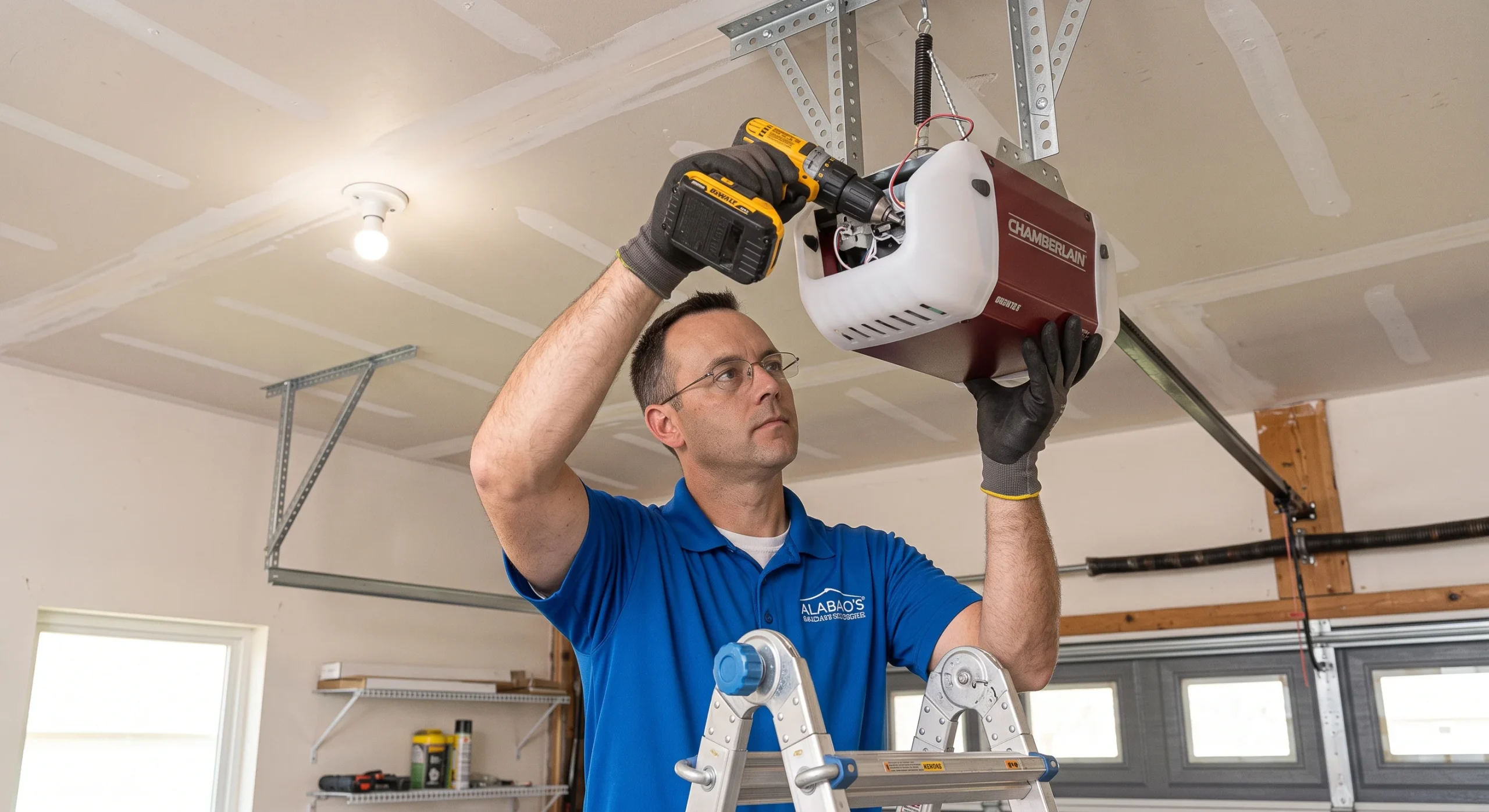 A technician using a power drill to assemble a Chamberlain motor housing during service for Garage Door Openers in High Springs, FL.