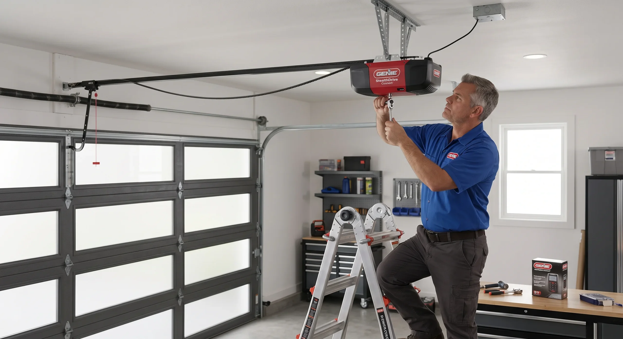 A technician using a socket wrench to adjust a Genie StealthDrive unit, demonstrating service for Genie Garage Door Openers in High Springs, FL.