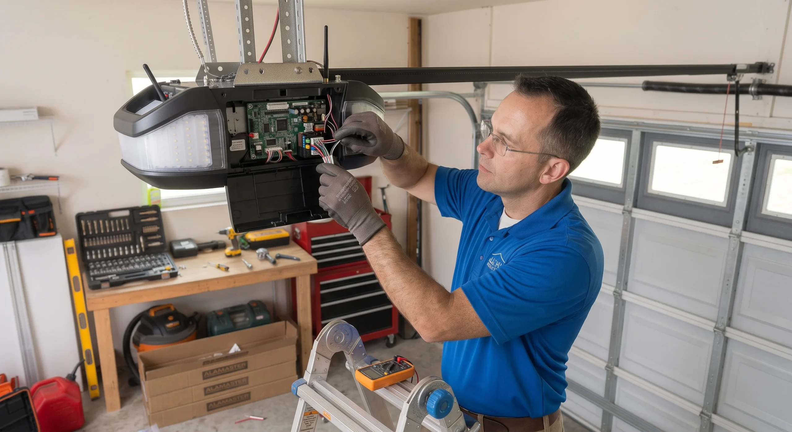 Same-Day Garage Door Opener Installation in High Springs, FL A technician connecting wiring to an overhead motor housing during a Same-Day Garage Door Opener Installation in High Springs, FL.