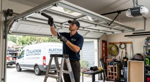 A technician on a stepladder adjusting a side extension spring near a service van for an Overhead Door Company in High Springs, FL.