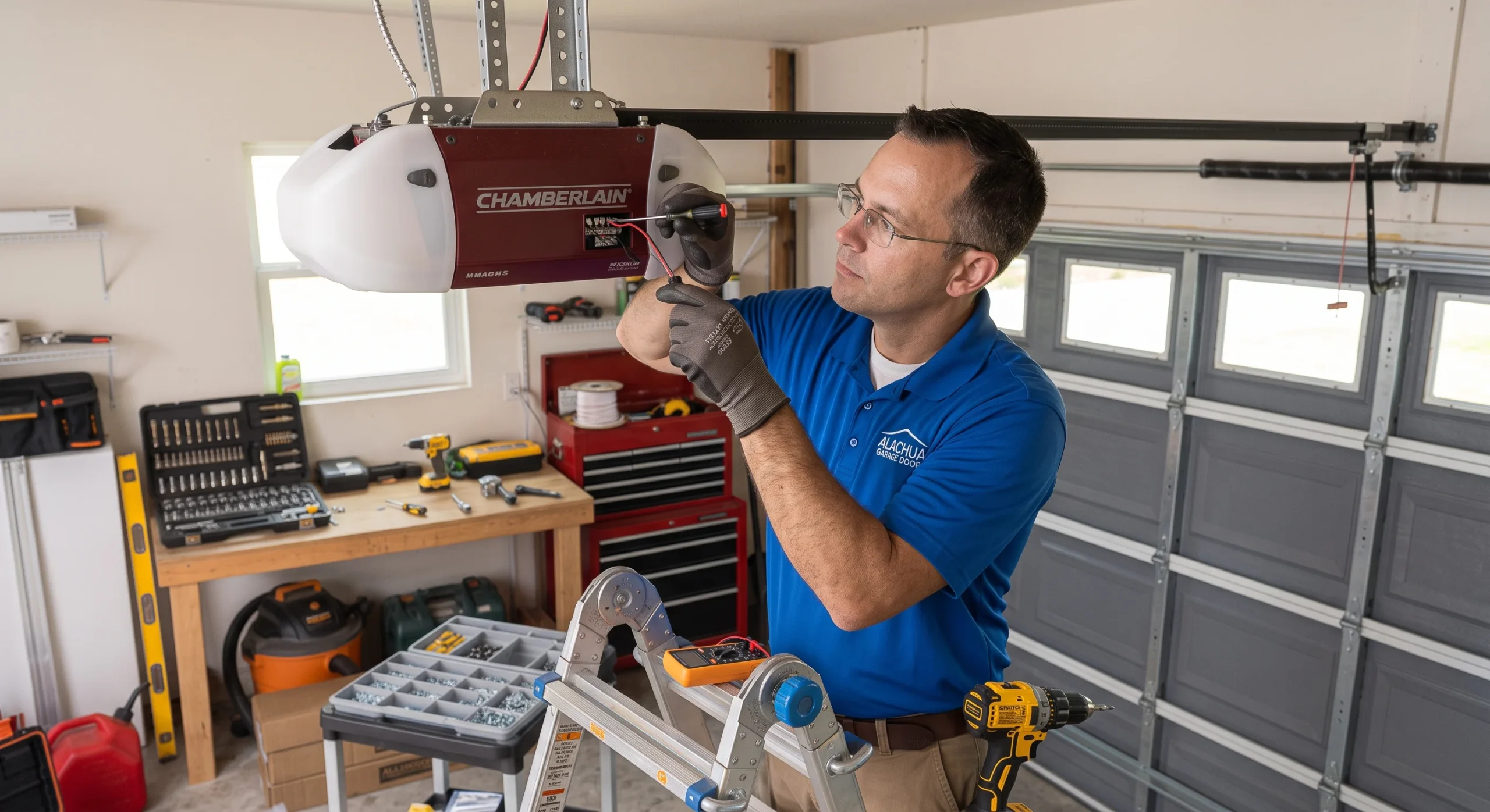 A technician connecting electrical wiring to a Chamberlain motor unit during an Overhead Door Opener Installation in High Springs, FL.