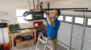 A technician using a power driver on a ladder to secure a LiftMaster motor housing for Overhead Door Openers in High Springs, FL.
