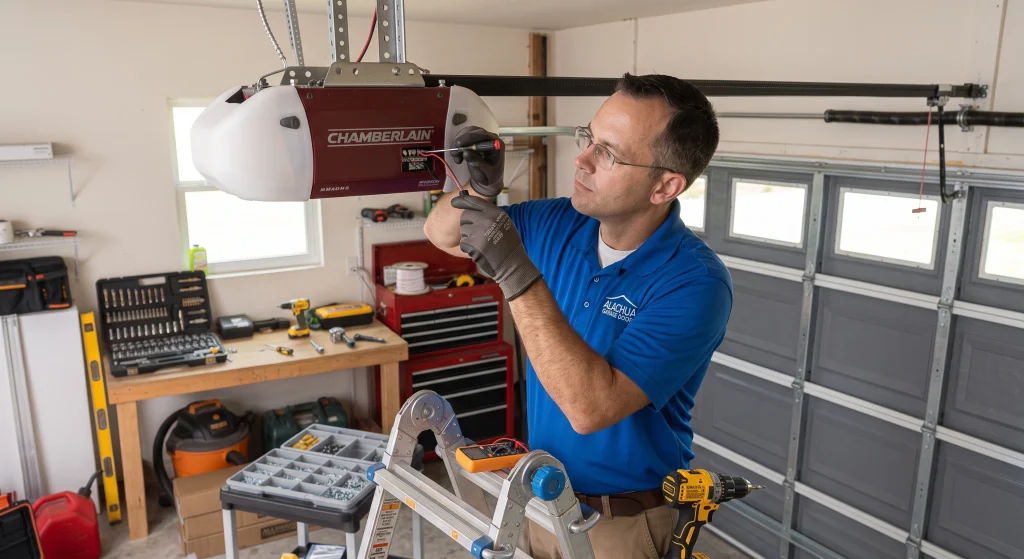 A technician wiring an overhead Chamberlain motor unit during a local service for a Garage Door Opener Near Me in High Springs.