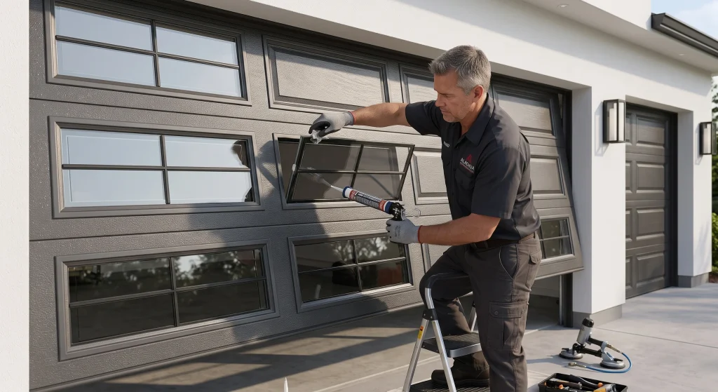 A technician applying sealant to a frame section during a Garage Door Window Panel Installation.