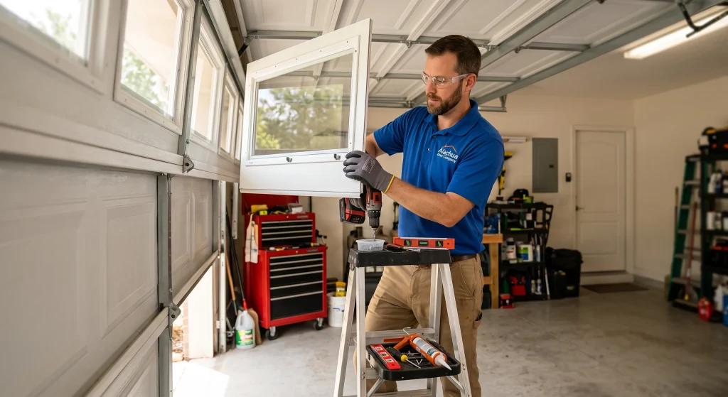 A technician using a power drill to install glass inserts into Garage Door Window Panels.
