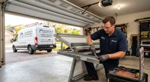 A technician using a wrench to assemble track and frame components during a residential Garage Door Installation.