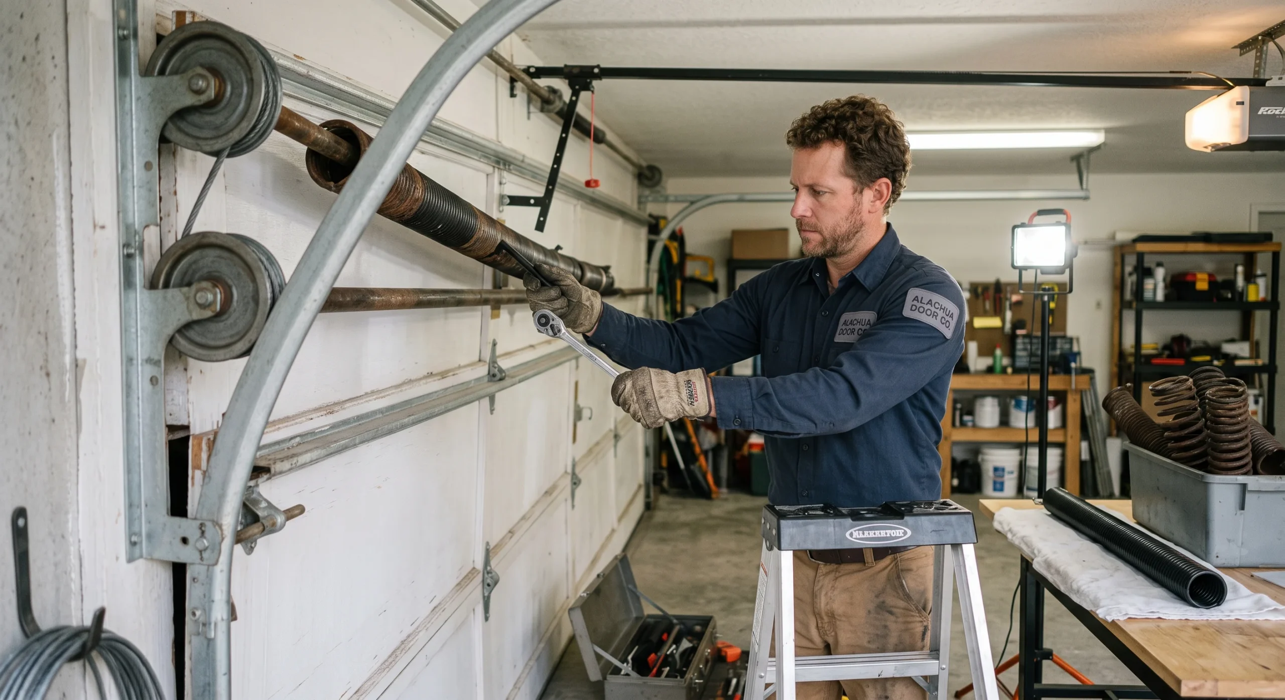 A technician using a socket wrench to adjust overhead torsion coils while Replacing Springs During Garage Door Installation.