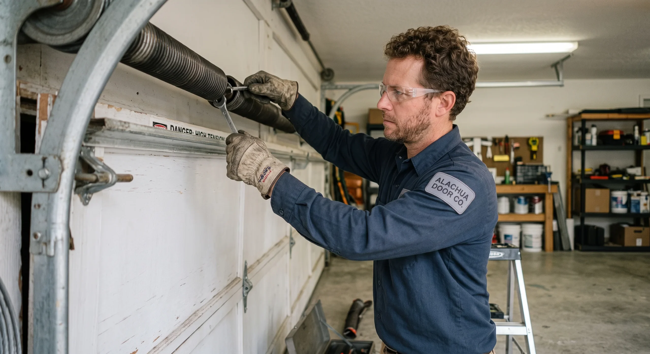 A technician using a wrench to adjust a torsion coil, demonstrating the Role of Garage Door Springs.