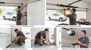 A multi-panel grid showing technicians carrying out door installations, spring replacements, track alignments, and electrical diagnostics for Garage Door Maintenance in High Springs.