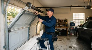 A technician standing on a step stool while adjusting a torsion spring assembly during Garage Door Repair in High Springs.