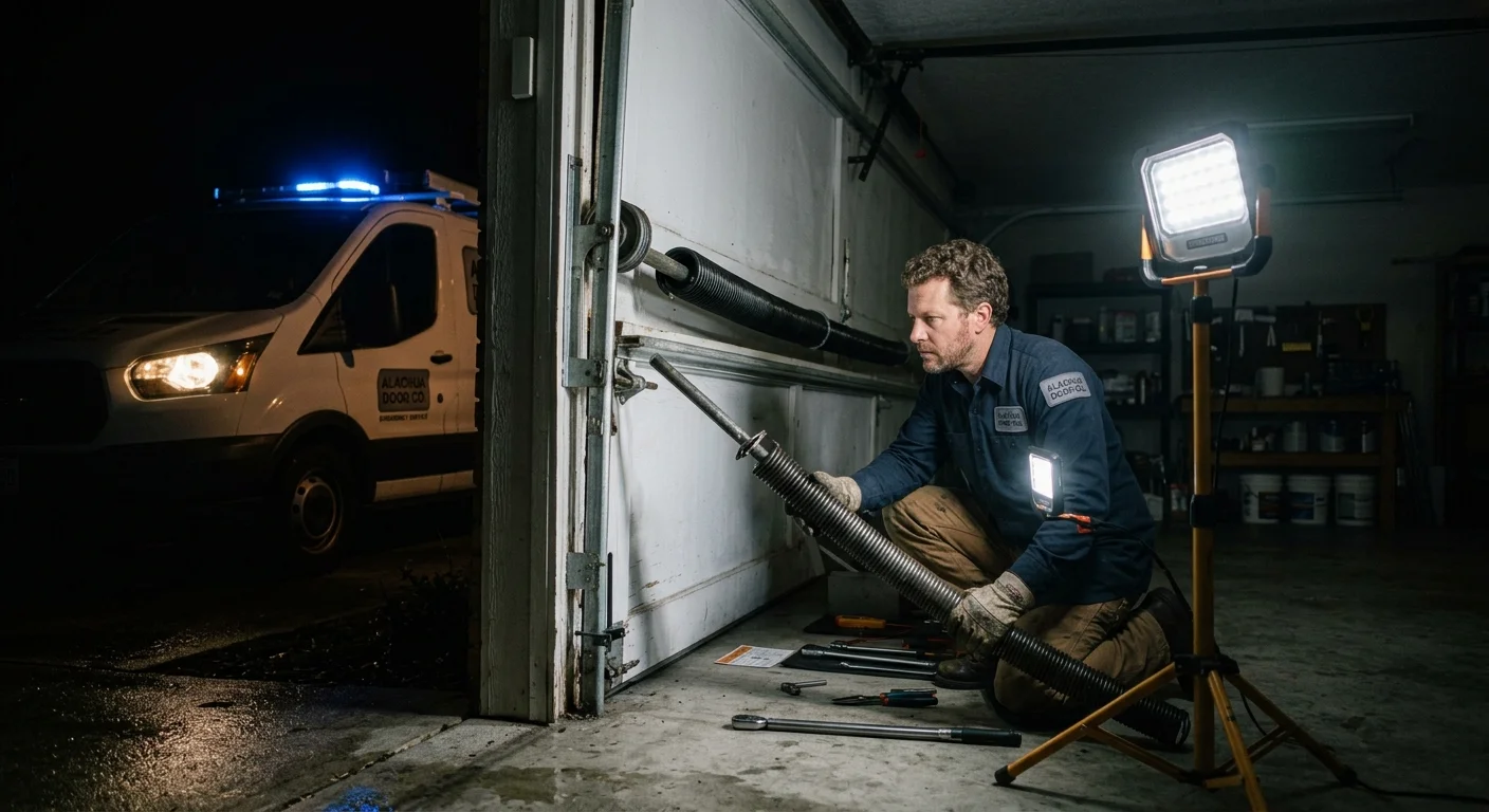 A technician holding a replacement spring under bright work lamps at night to resolve Emergency Garage Door Breakdowns.