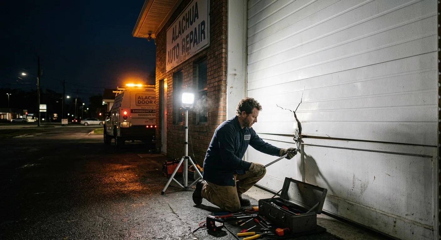 A technician kneeling with a pry bar and open tool kit to perform an Emergency Garage Door Repair under floodlights at night.