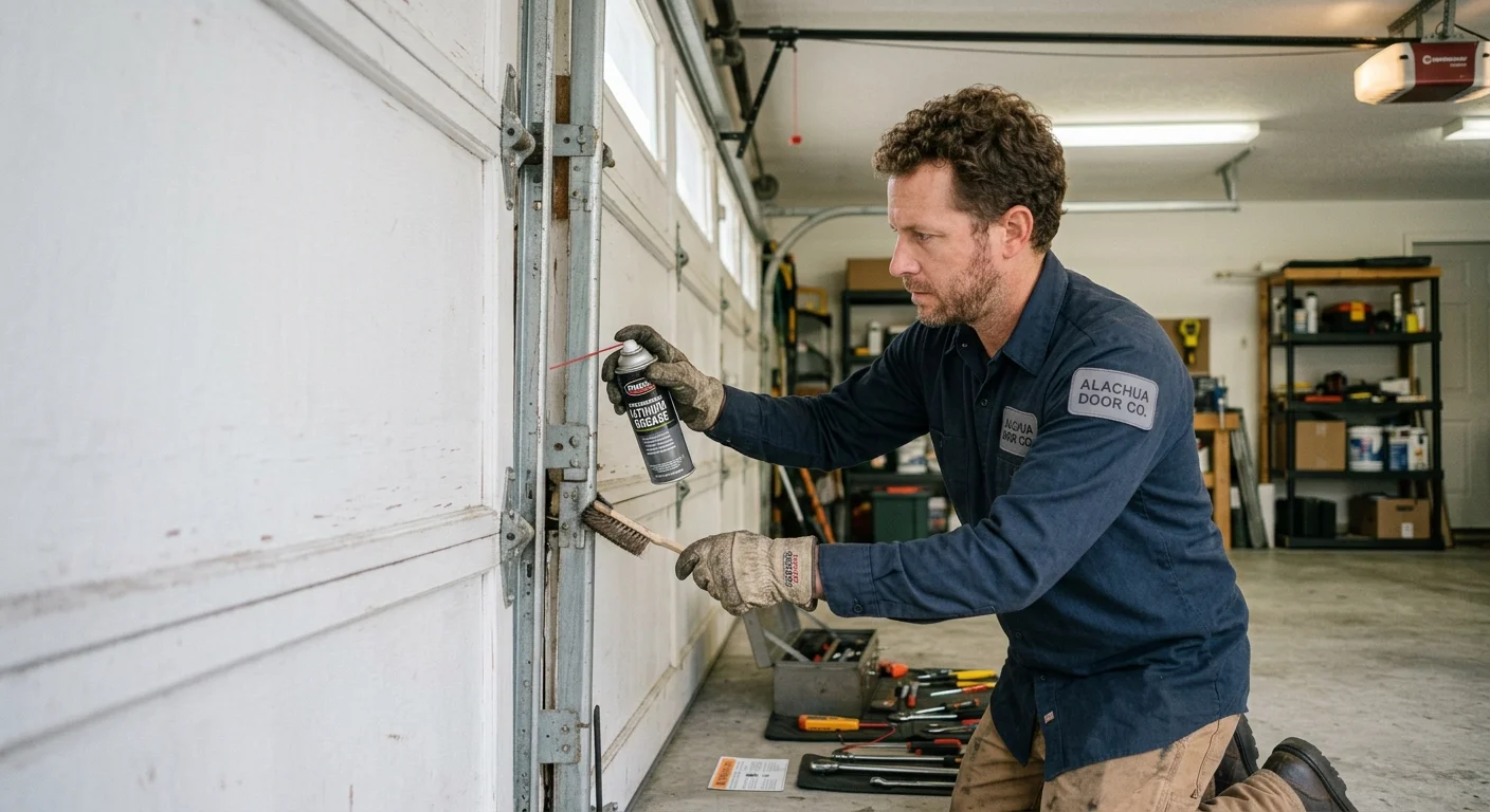 A technician using a brush and spray lubricant on metal hinges during routine Garage Door Maintenance.