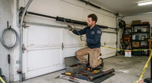 A technician kneeling next to tools and caution tape while securing a torsion coil during an Emergency Garage Door Spring Repair.