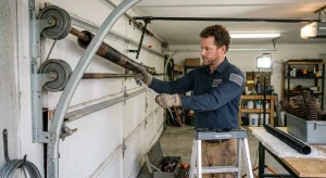 A technician using a socket wrench to adjust tension on an overhead Garage Door Spring.